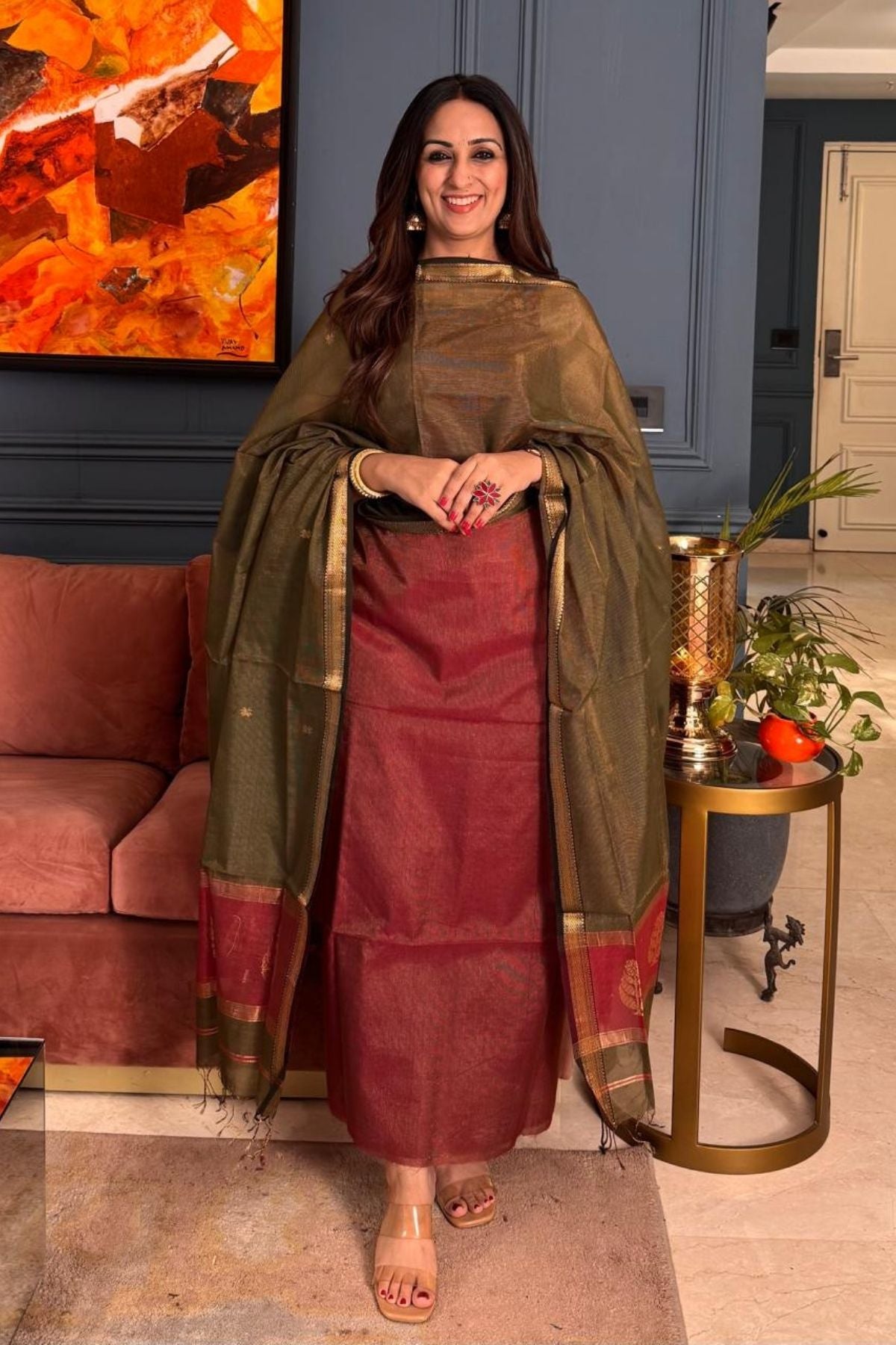 Handloom tissue Maheshwari silk kurta dupatta set
